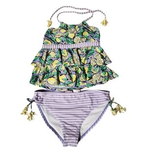 Angel Beach Girls Sz 16 2 Piece Swimsuit Baby Doll  Ruffle Purple Yellow Stripes